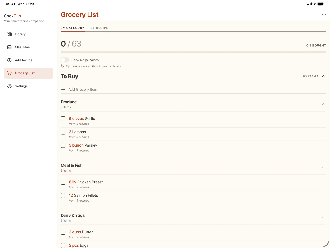 CookClip grocery list grouped by category on iPad