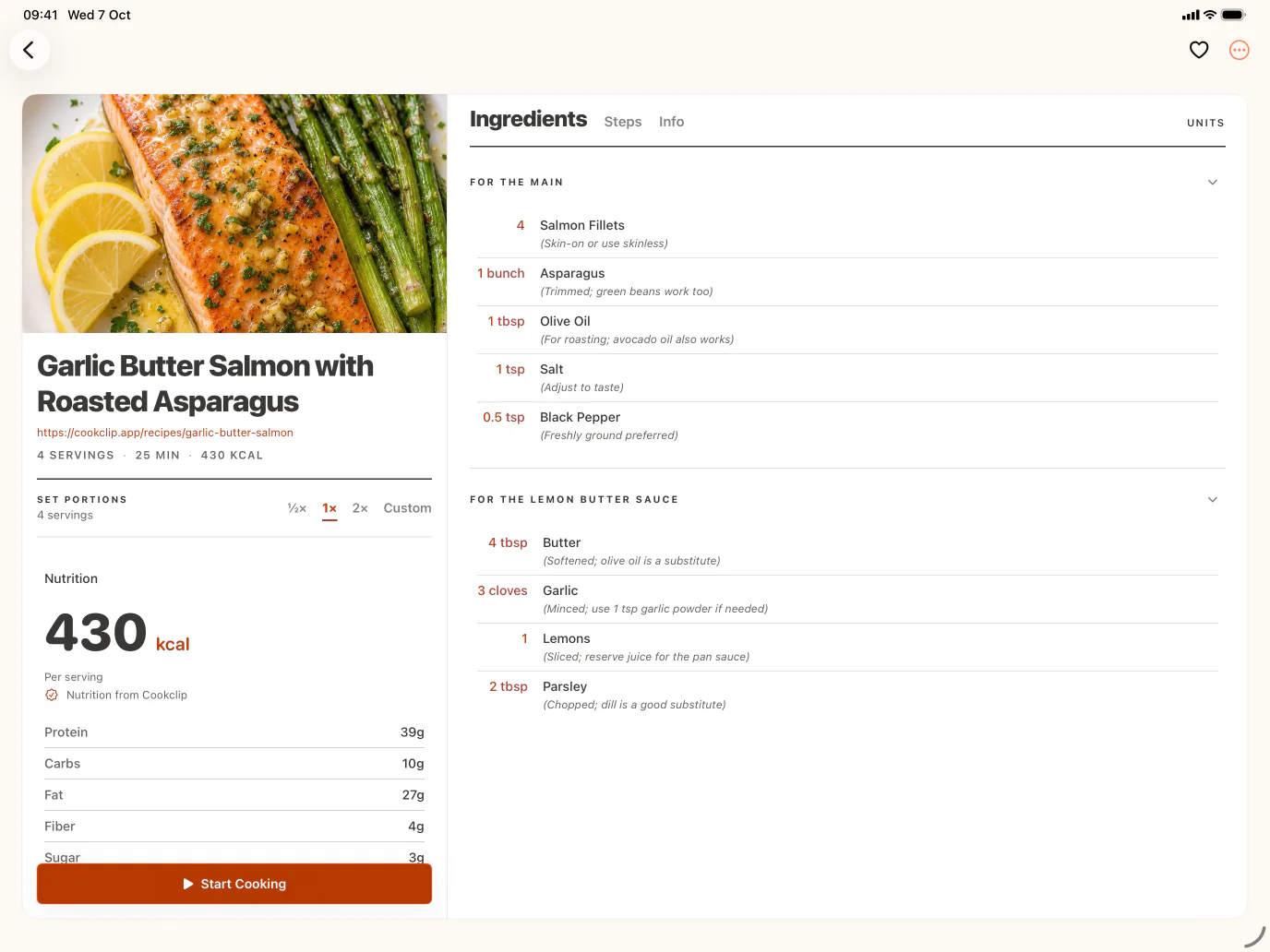 CookClip recipe ingredients on iPad