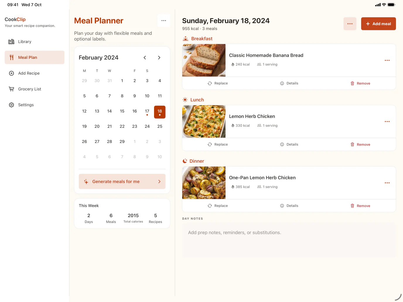 CookClip weekly meal plan on iPad