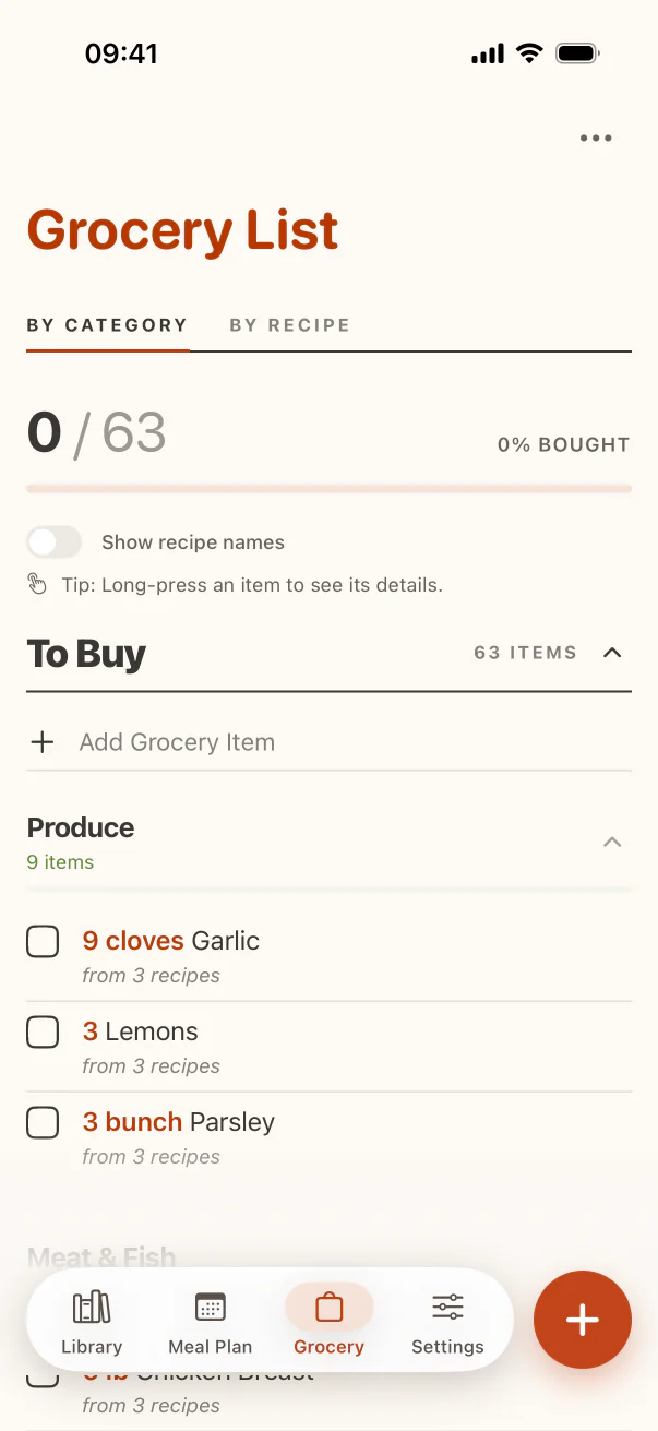 CookClip grocery list grouped by category on iPhone