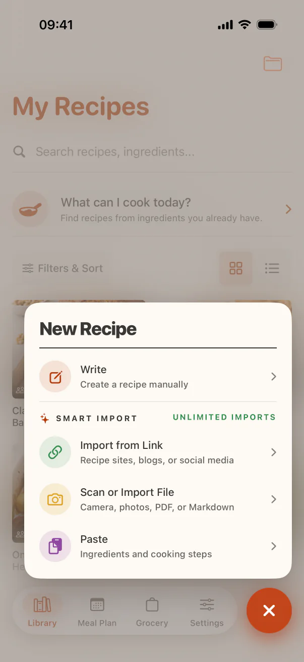 CookClip New Recipe screen: import from a link, scan a photo, or paste text