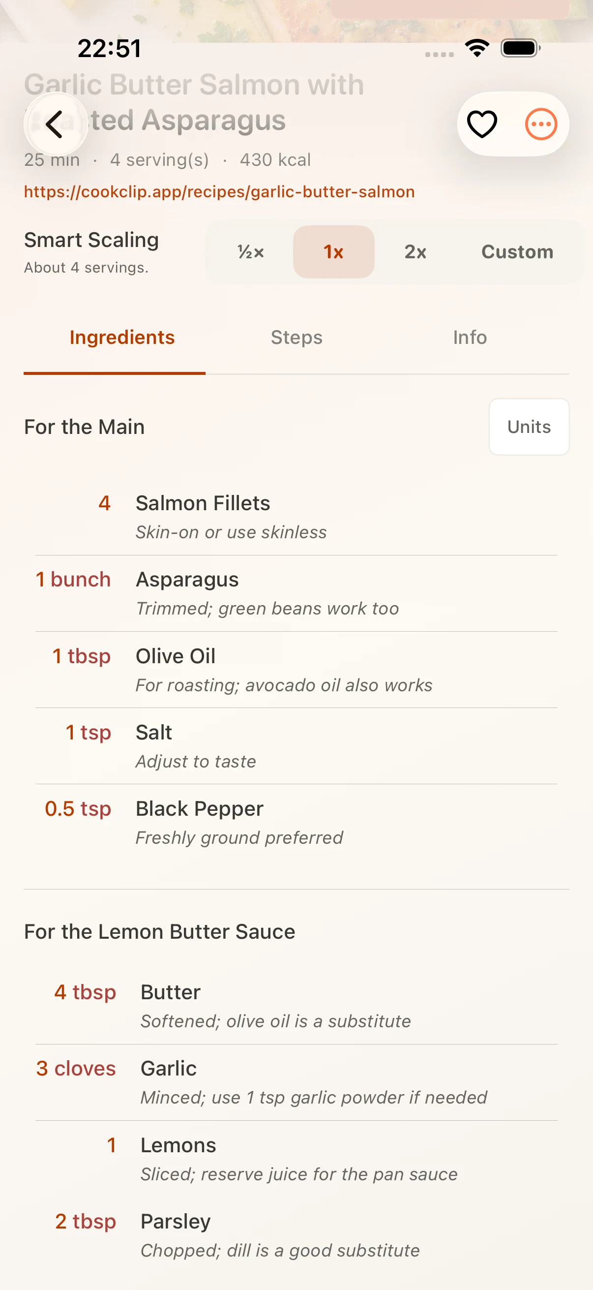 Recipe ingredients and quantities in CookClip