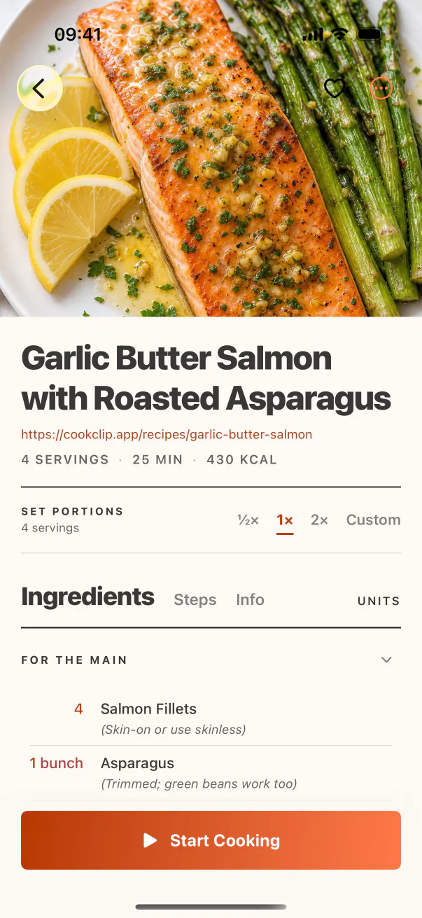 Recipe ingredients and quantities in CookClip