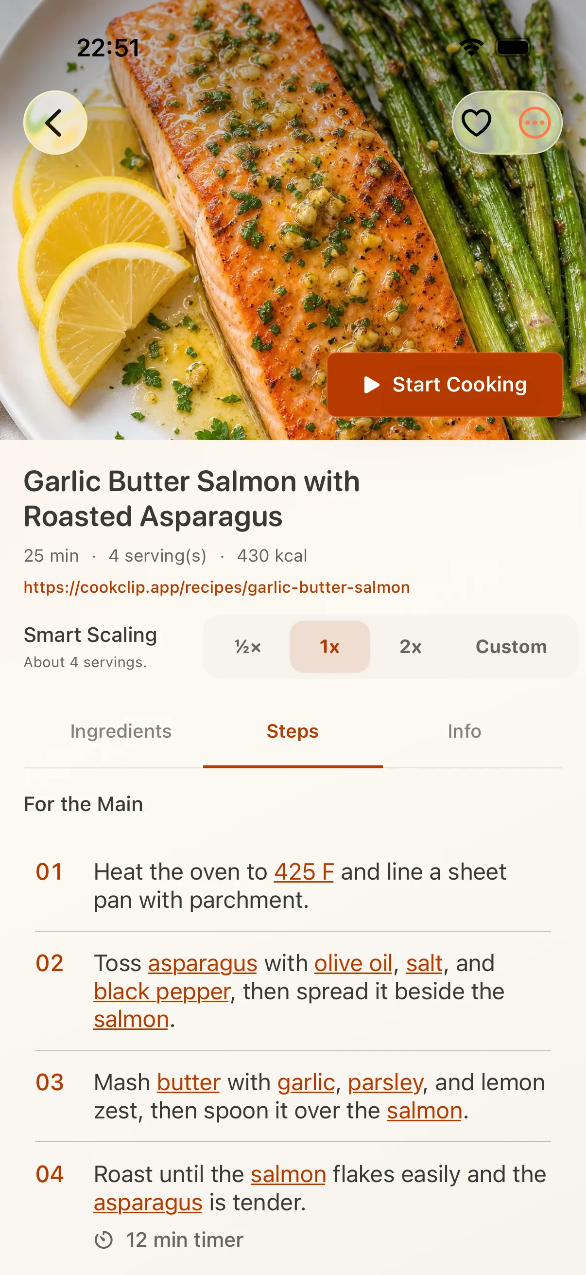 Editable CookClip recipe with ingredients and cooking steps