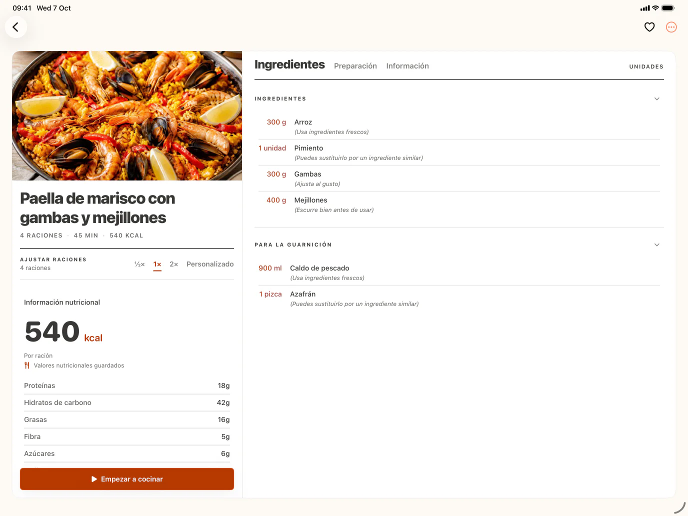 Ingredientes en el iPad