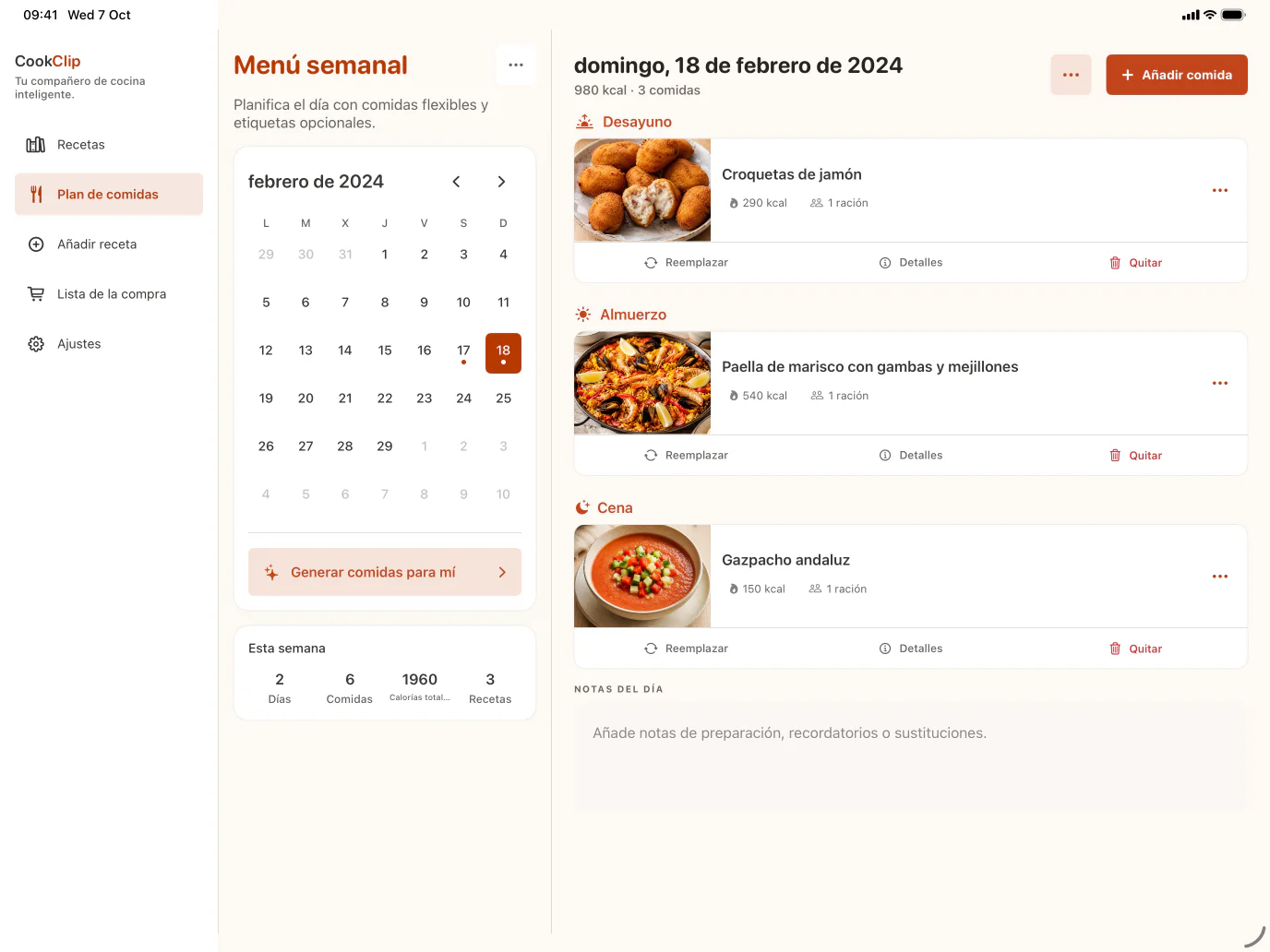 Plan de comidas en el iPad