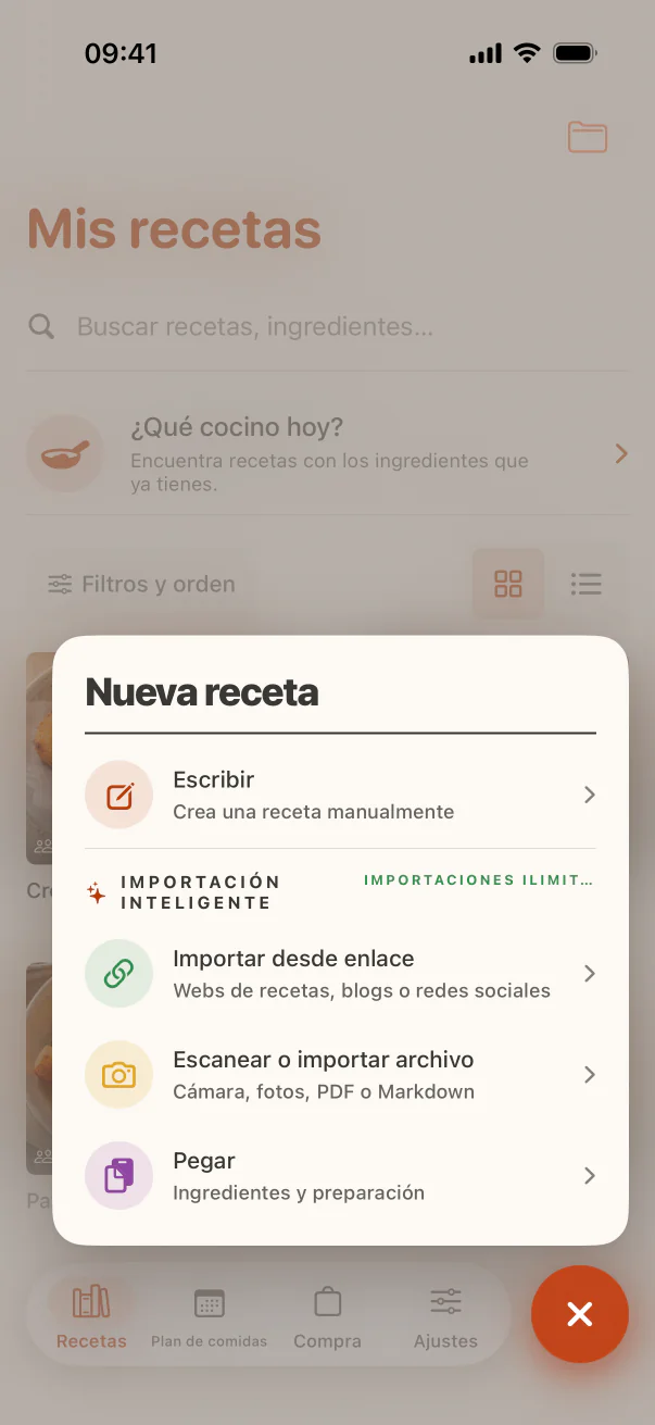 Pantalla de importación de recetas de CookClip desde enlaces, fotos y texto