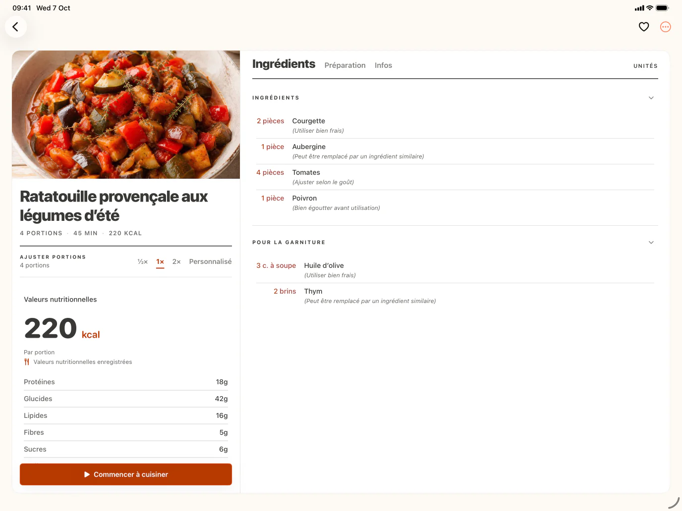 Ingrédients sur iPad