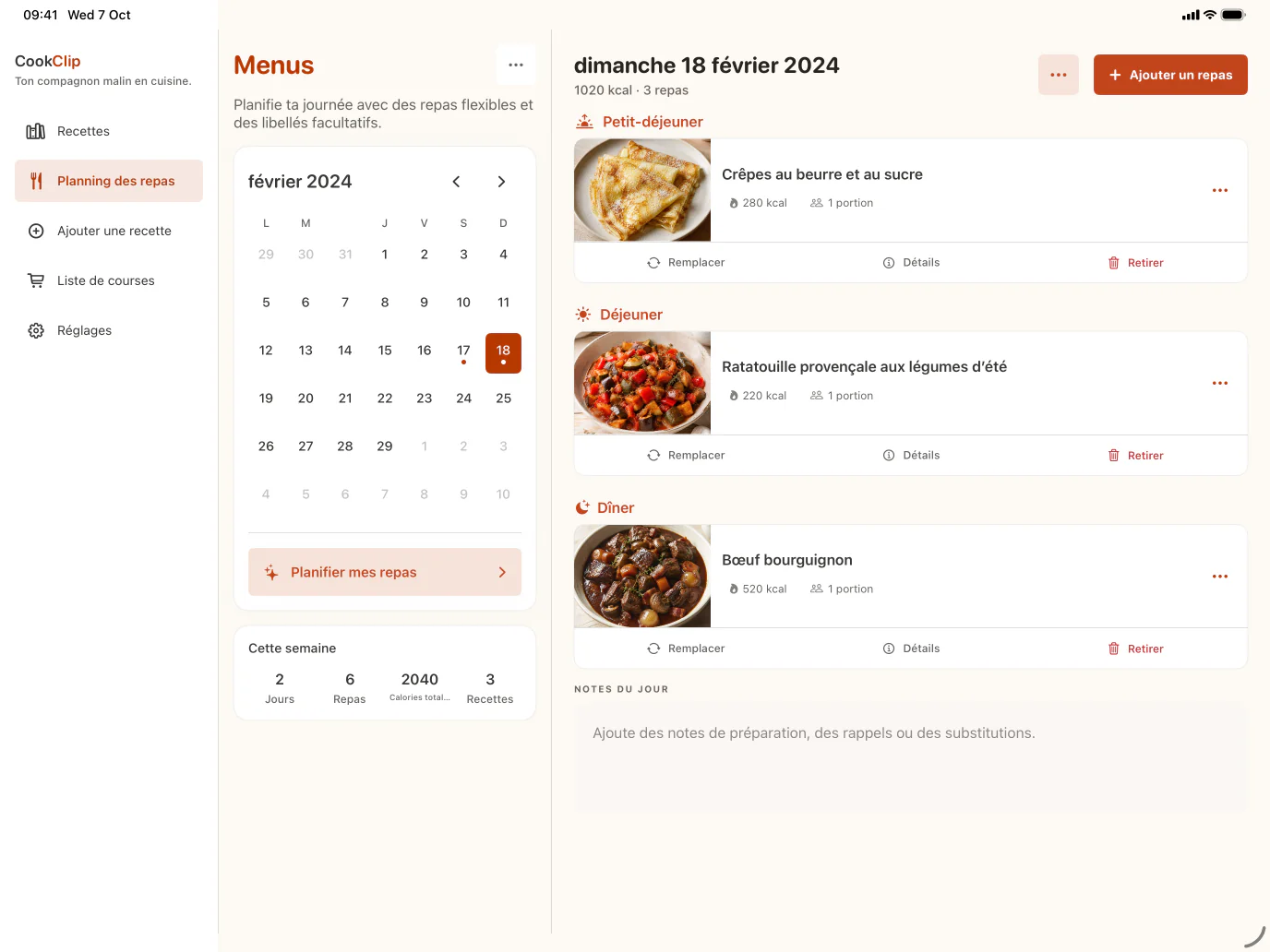Menu sur iPad