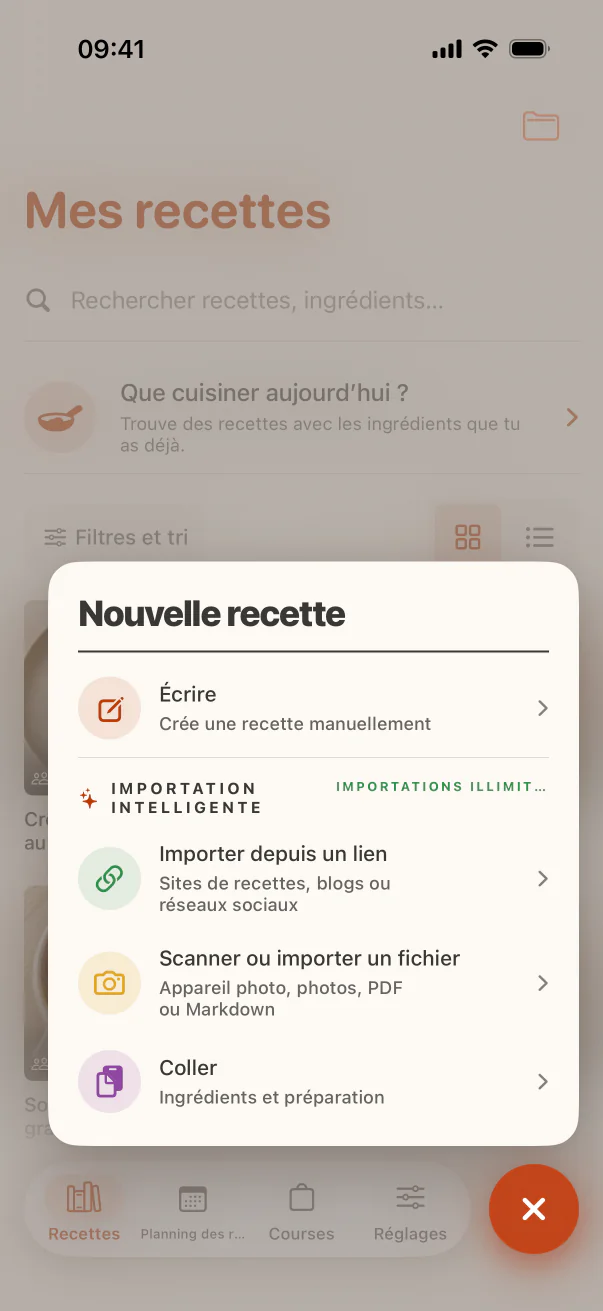 Écran d’import de recettes CookClip depuis des liens, photos et textes