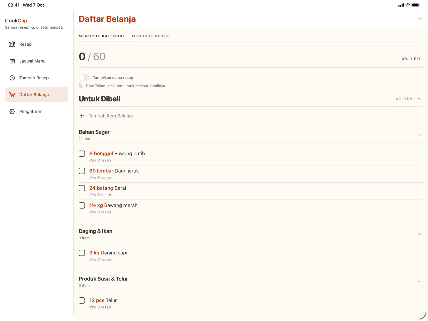 Daftar belanja CookClip per kategori di iPad