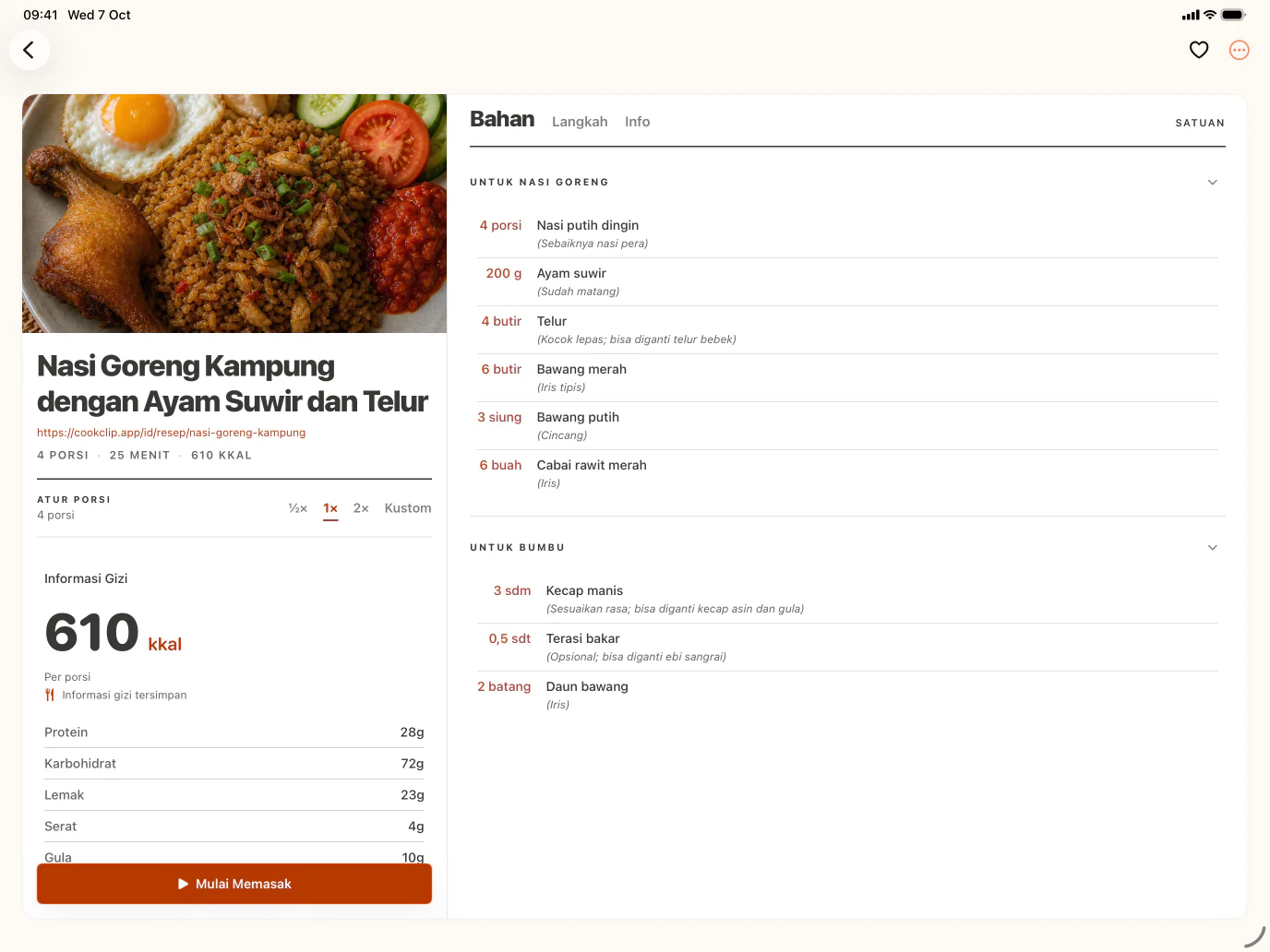Bahan resep CookClip di iPad