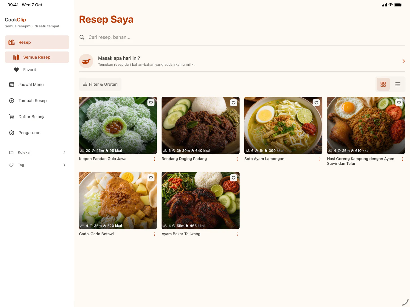 Library resep CookClip di iPad