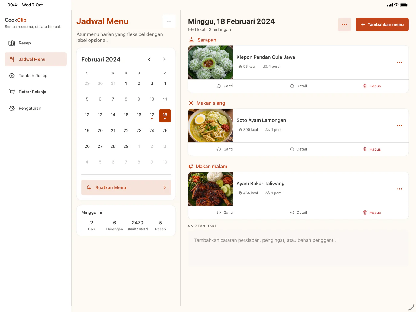 Jadwal Menu mingguan CookClip di iPad