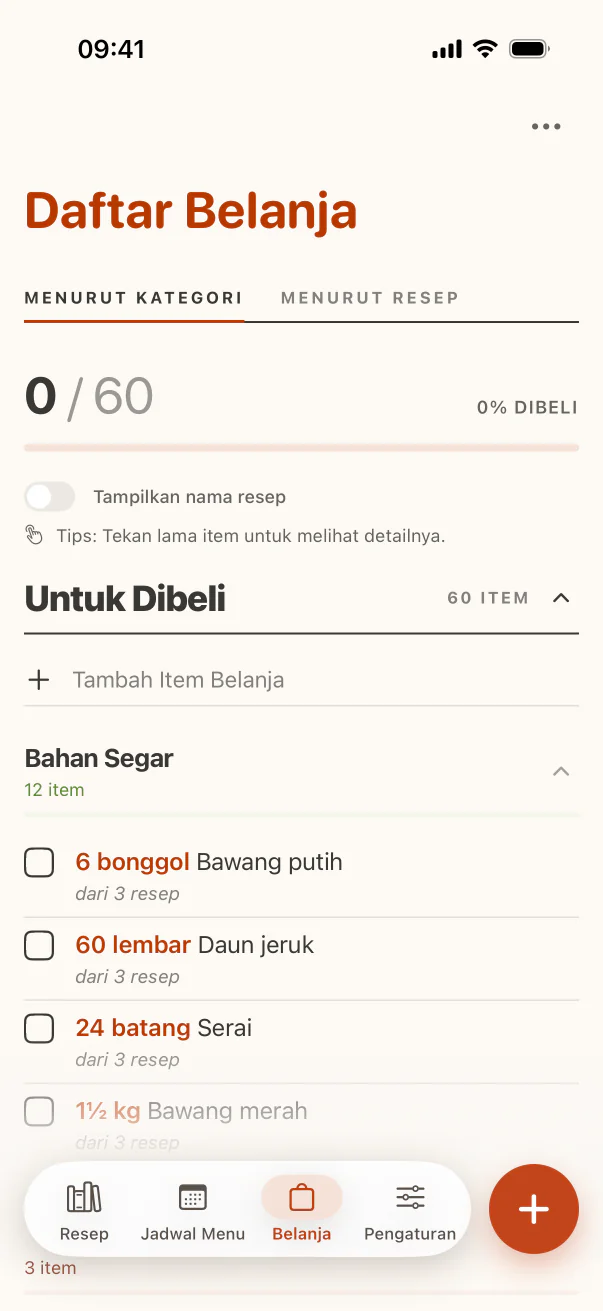 Daftar belanja CookClip yang dikelompokkan berdasarkan kategori