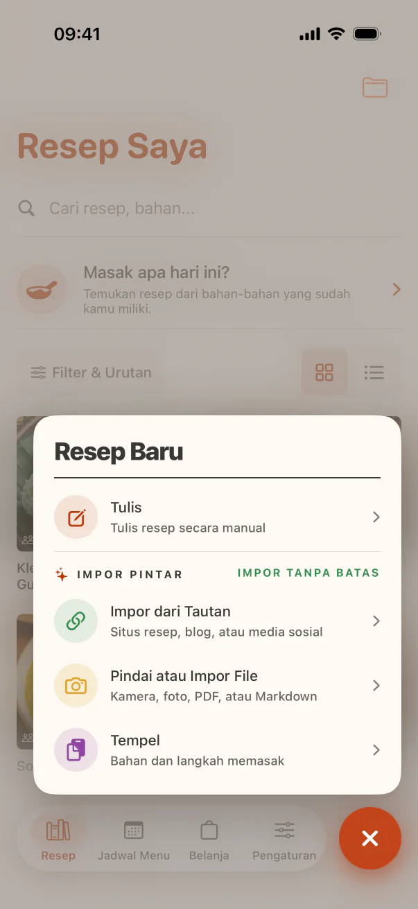 Layar Resep Baru CookClip: impor dari link, pindai foto, atau tempel teks