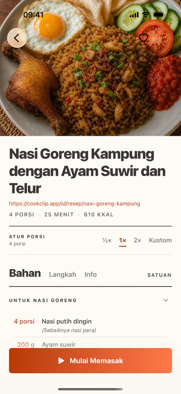 Daftar bahan resep dan takarannya di CookClip