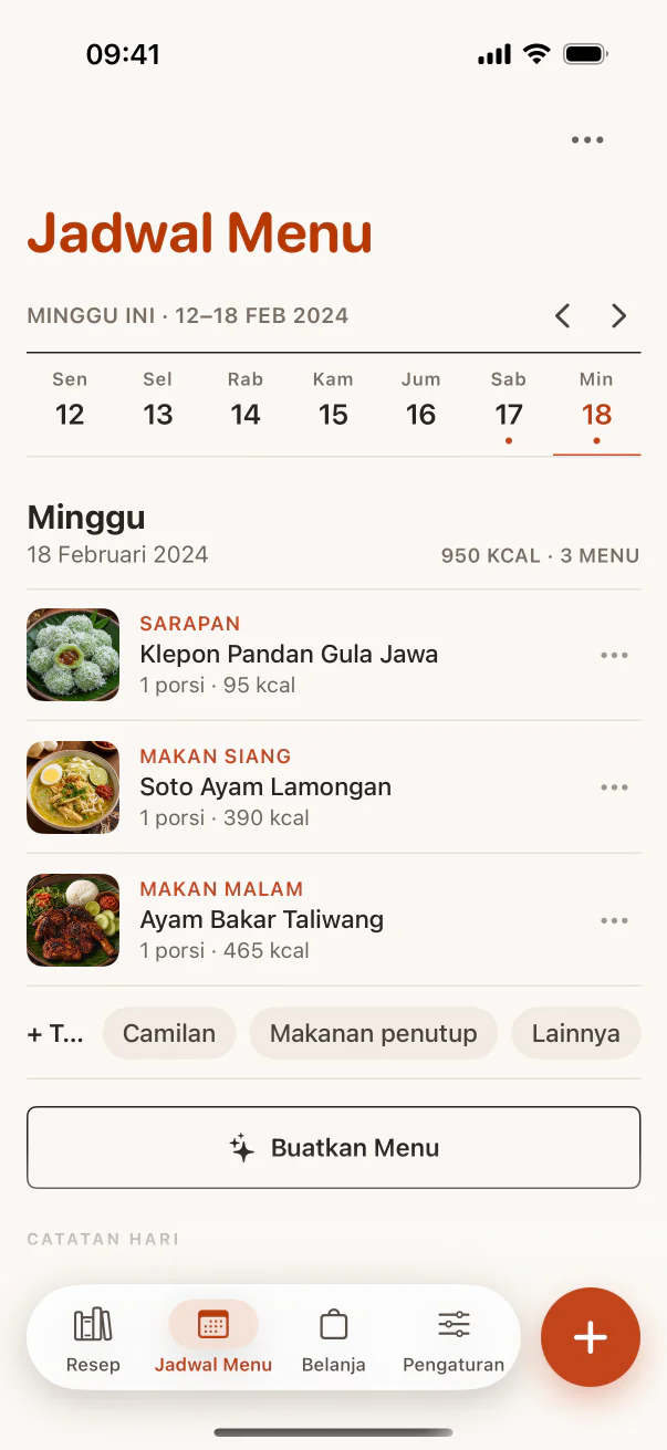Jadwal Menu mingguan berisi resep tersimpan
