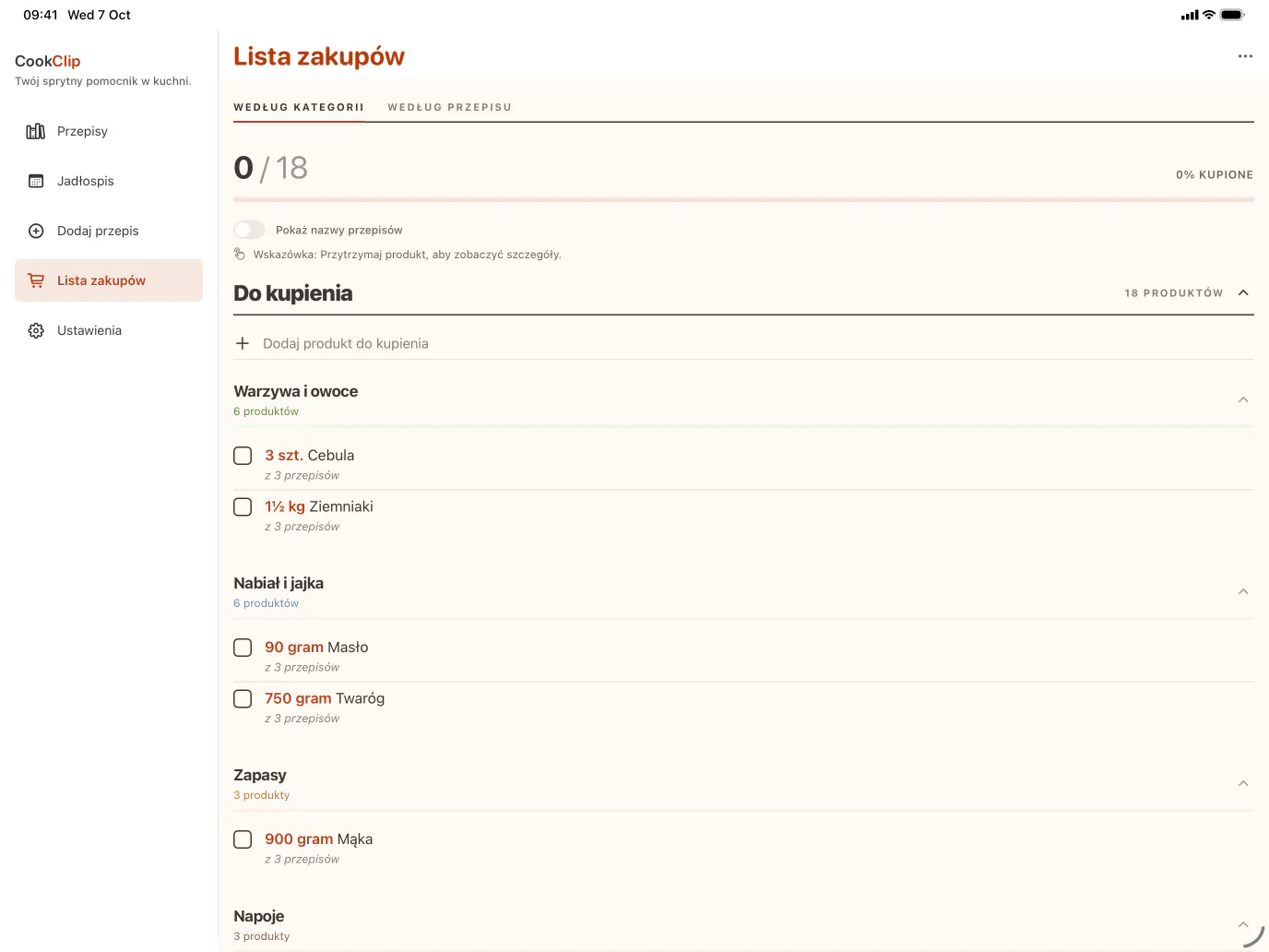 Listy zakupów na iPad