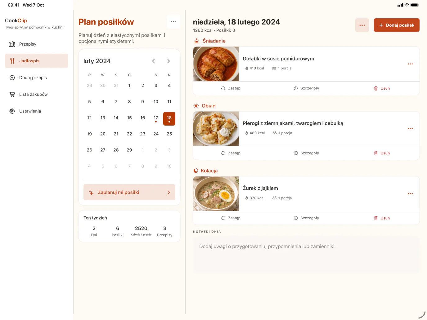 Plan posiłków na iPad
