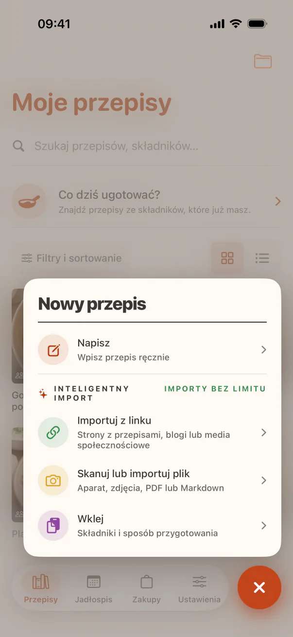 Ekran importowania przepisów z linków, zdjęć i tekstu w CookClip