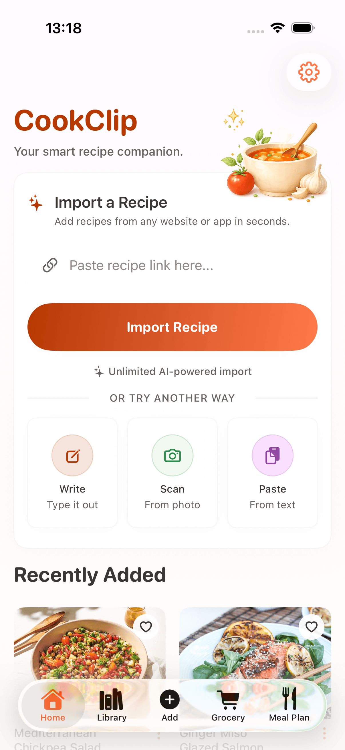 CookClip home screen showing organized recipes