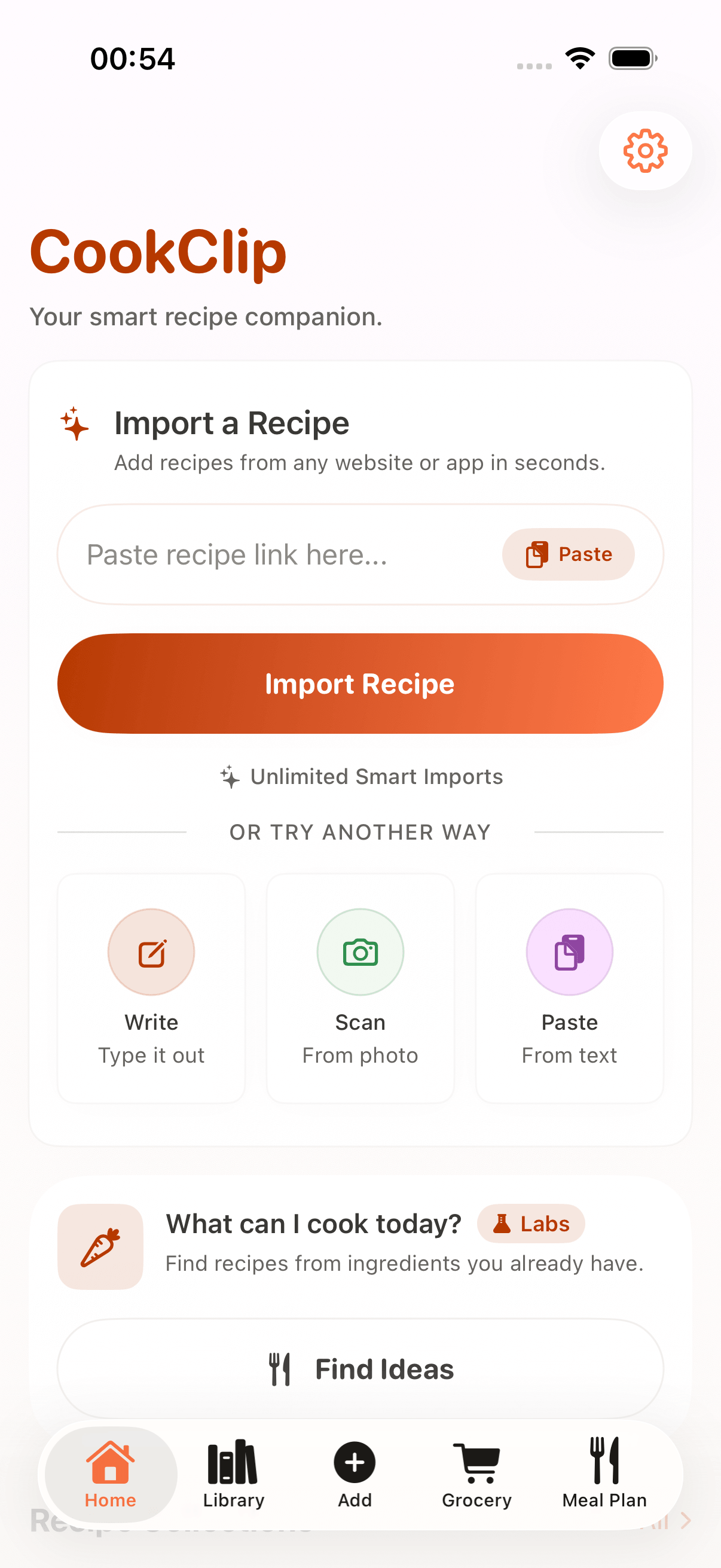 CookClip home screen showing personal recipe collections