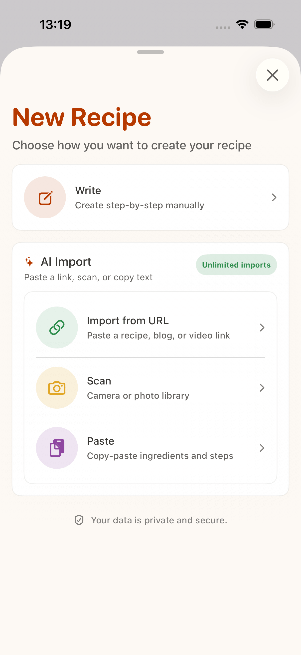 CookClip import screen for recipes from links, text, photos, and videos
