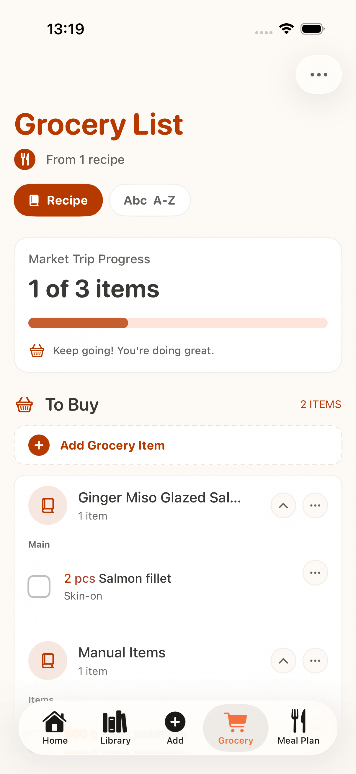 CookClip meal planning and grocery list screen