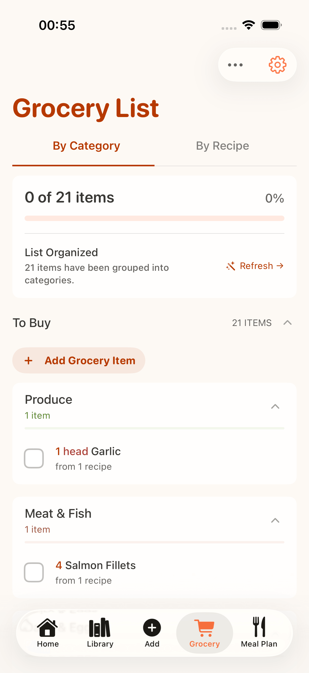 CookClip grocery list grouped into shopping categories