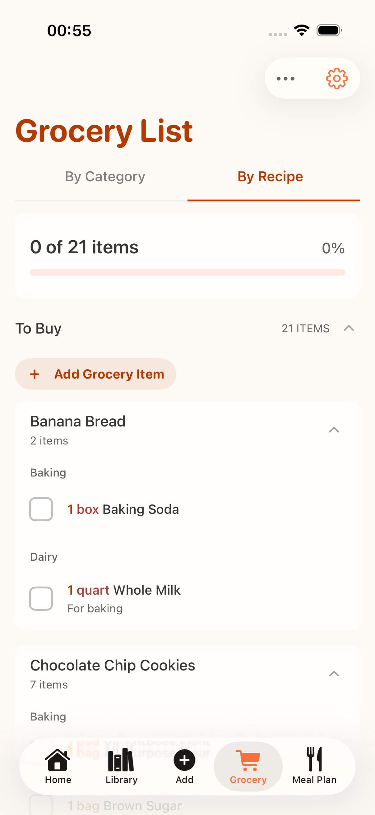 CookClip grocery list grouped by the recipes that need each ingredient