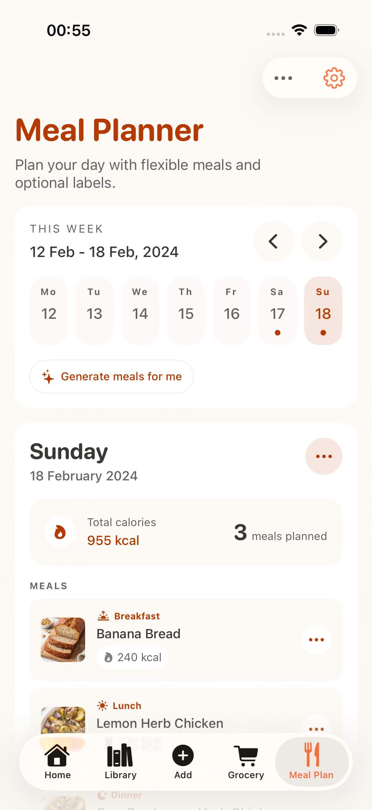 CookClip weekly meal plan filled with saved recipes