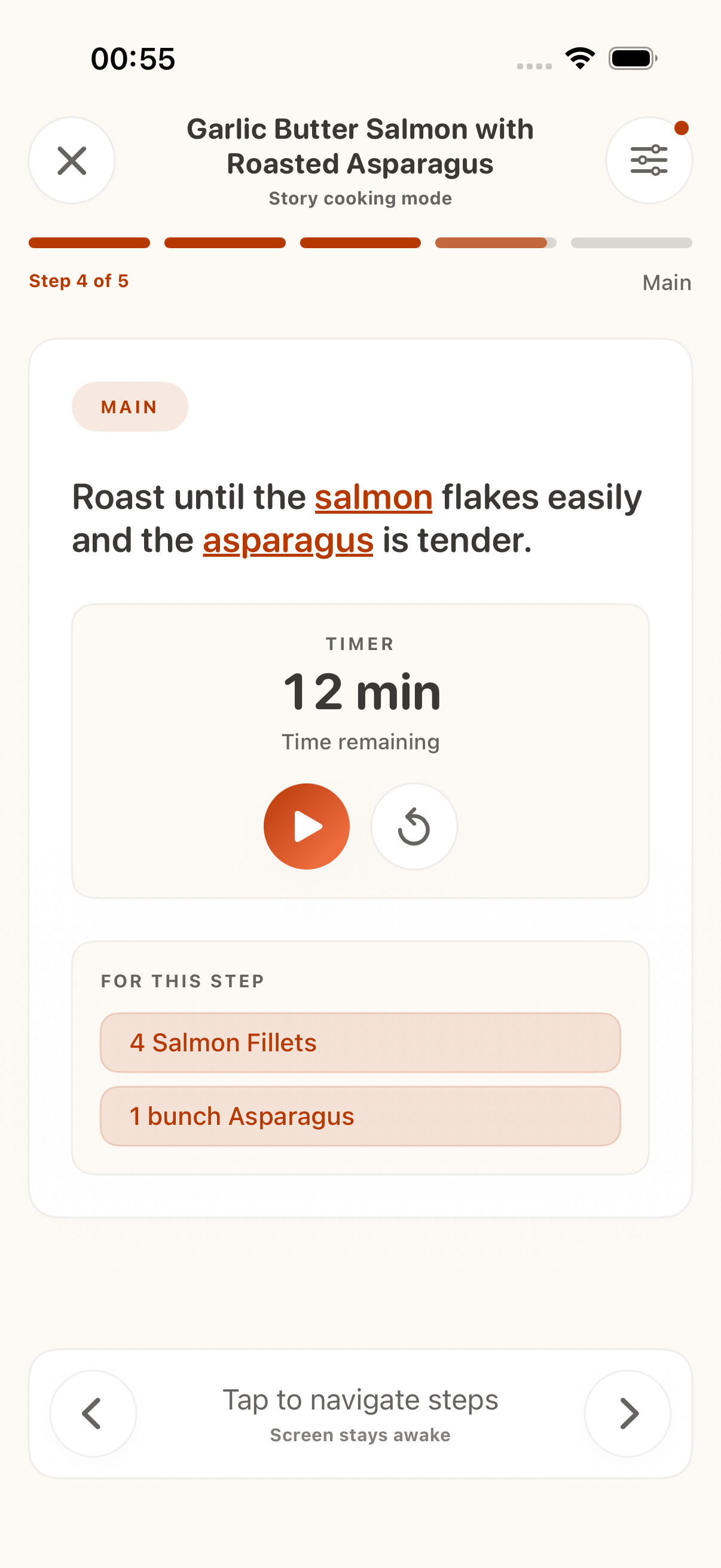 CookClip Cook Mode showing recipe steps on iPhone
