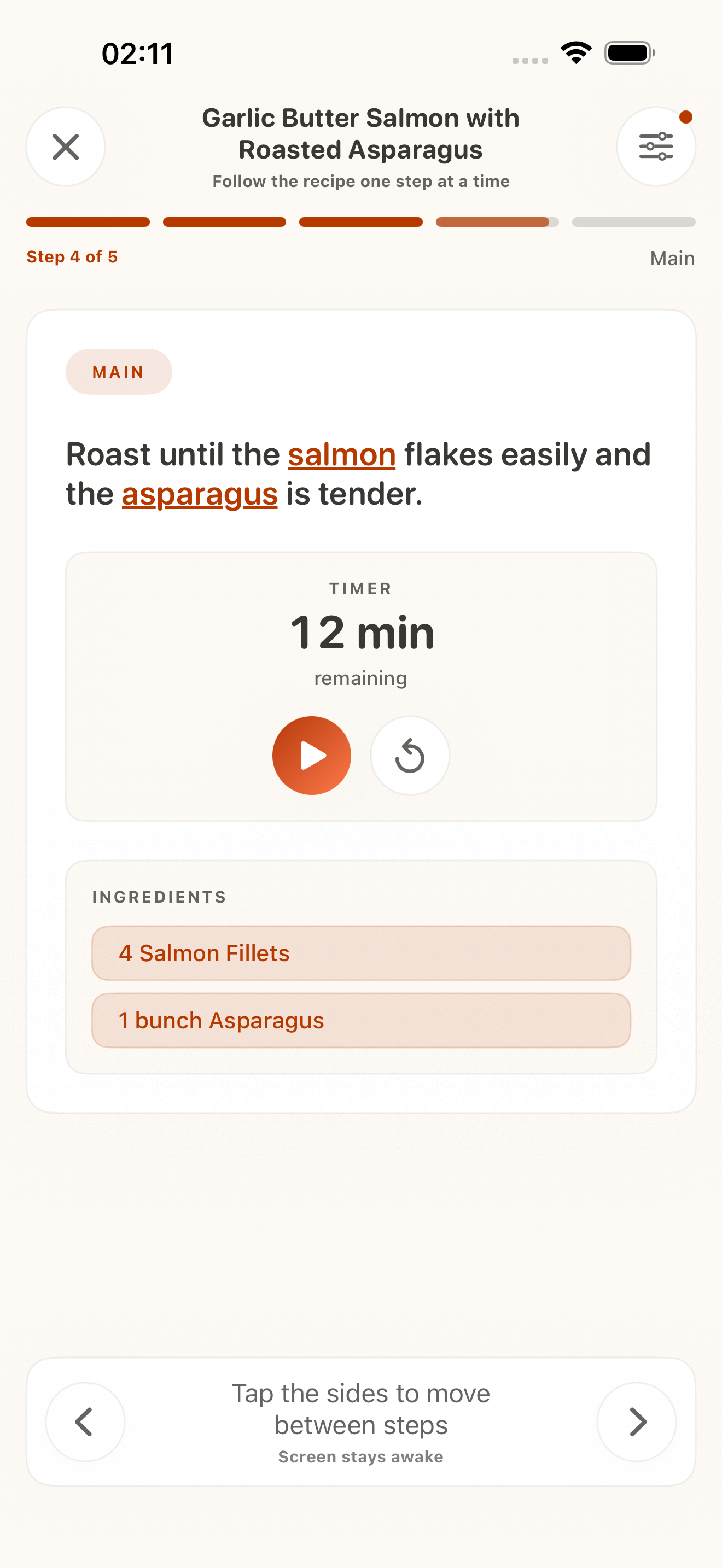 CookClip Cook Mode showing recipe steps on iPhone