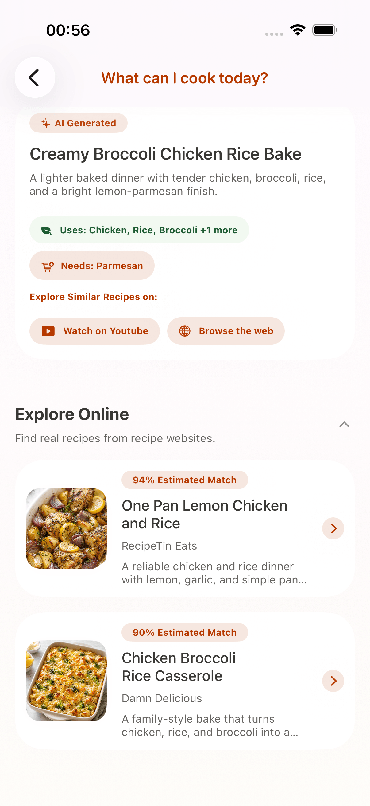 CookClip recipe ideas based on selected dinner ingredients