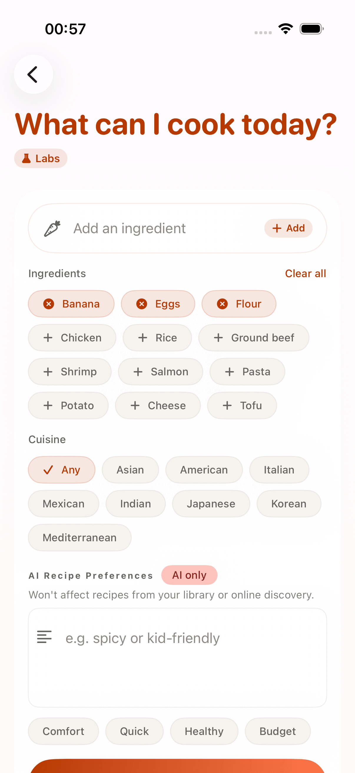 CookClip ingredient selection for finding recipes from bananas, eggs, and flour