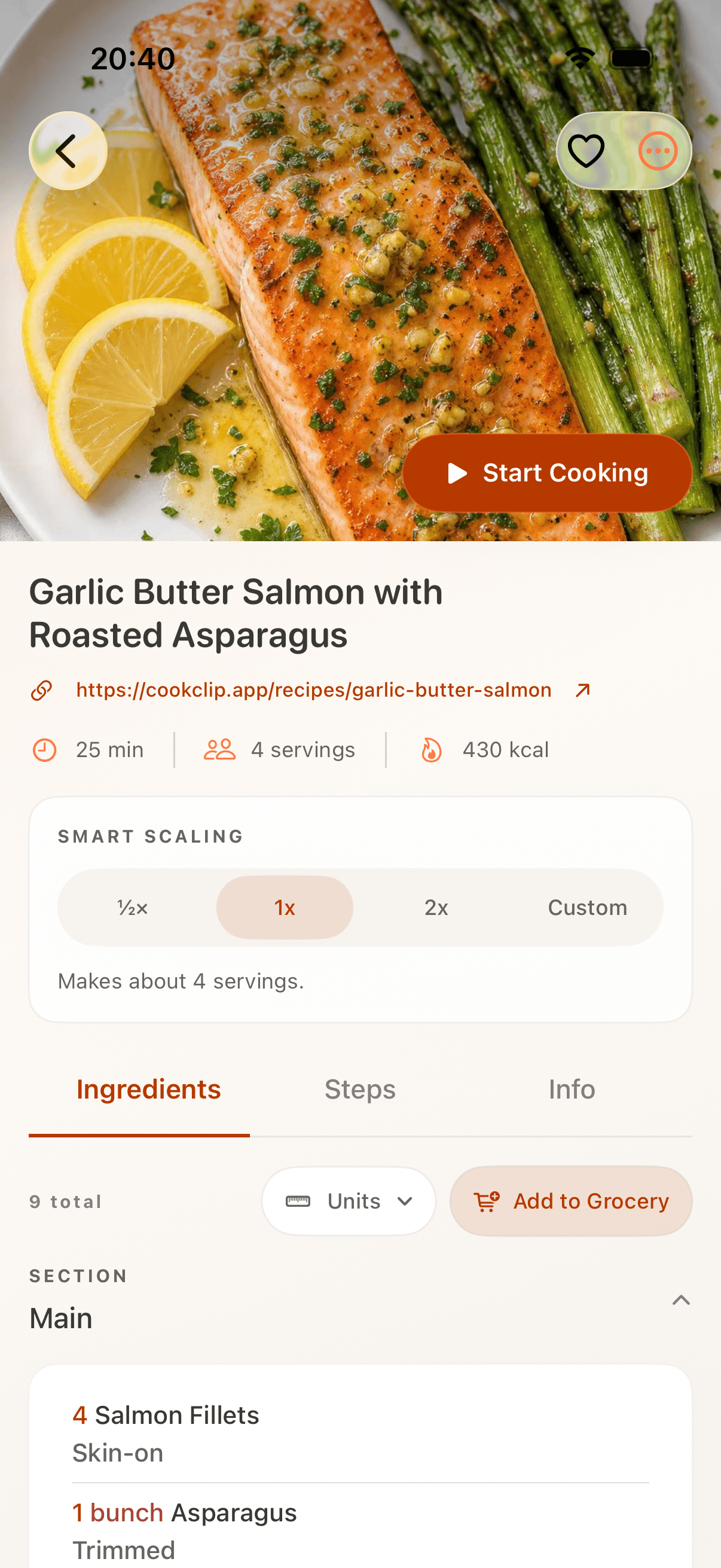 Editable recipe ingredients organized in CookClip