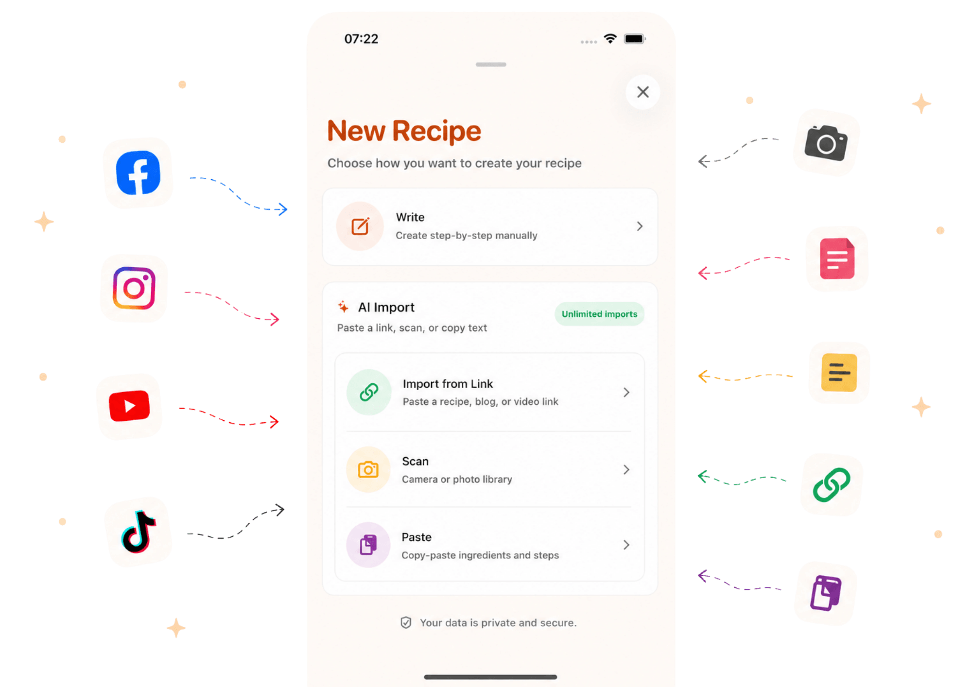 Tampilan impor resep dari link, foto, dan teks di CookClip