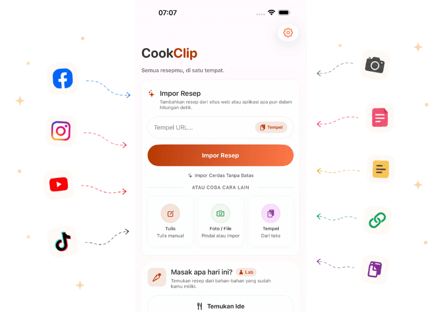 Tampilan impor resep dari link, foto, dan teks di CookClip