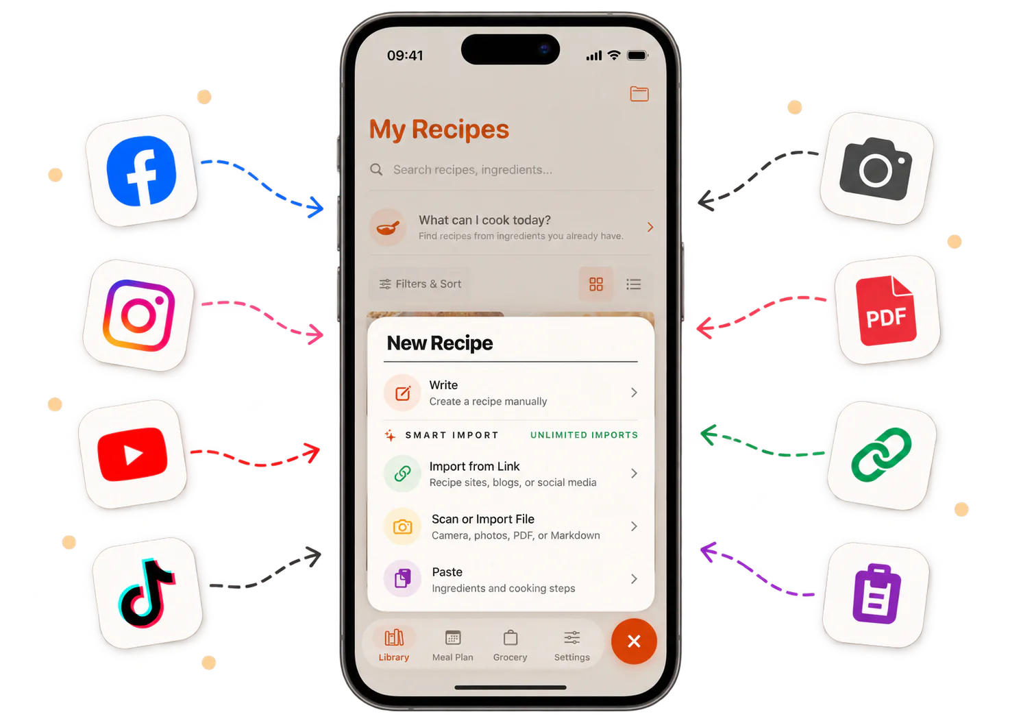 CookClip imports recipes from Facebook, Instagram, YouTube, TikTok, camera, PDF, links and pasted text