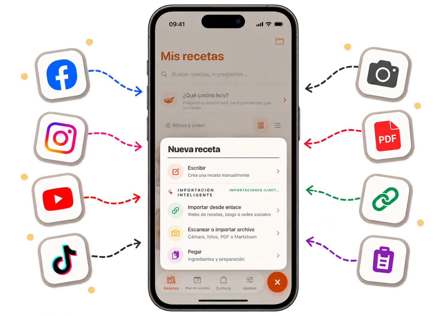 Pantalla de importación de recetas de CookClip desde enlaces, fotos y texto