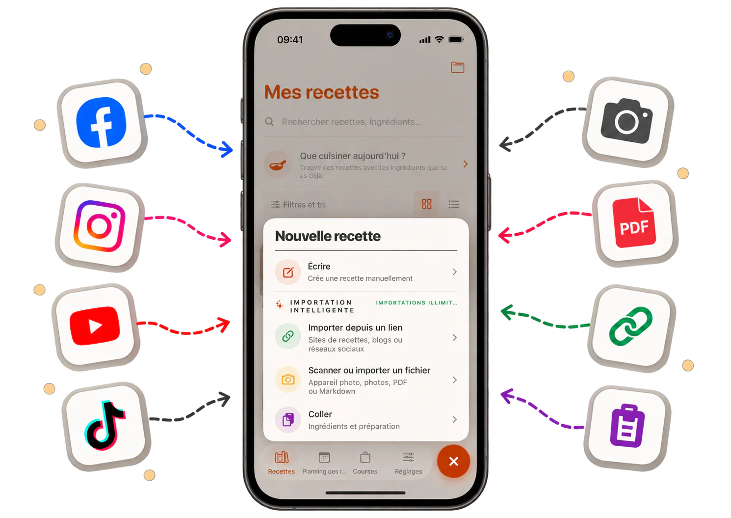 Écran d’import de recettes CookClip depuis des liens, photos et textes