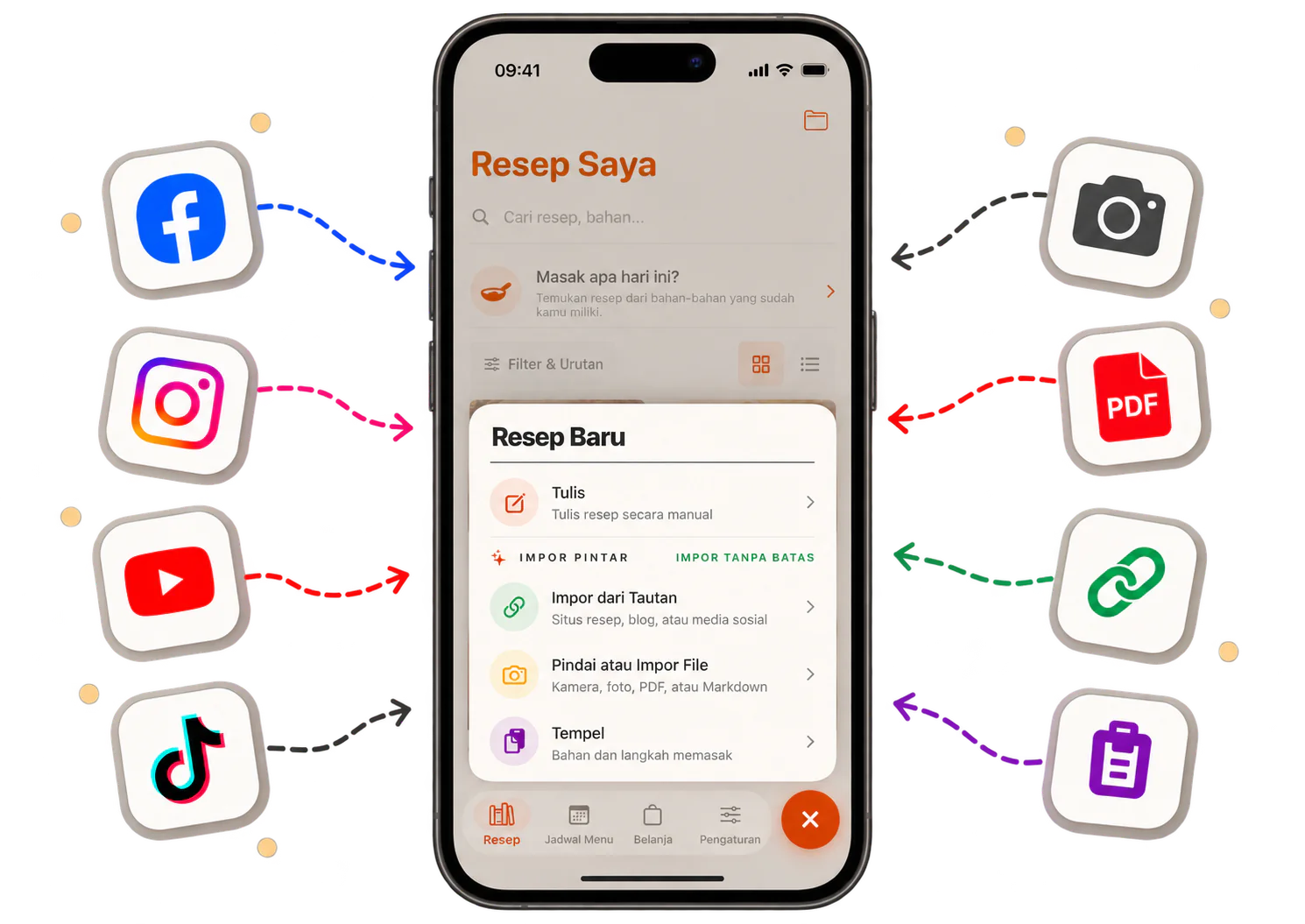 CookClip mengimpor resep dari Facebook, Instagram, YouTube, TikTok, kamera, PDF, link, dan teks yang ditempel