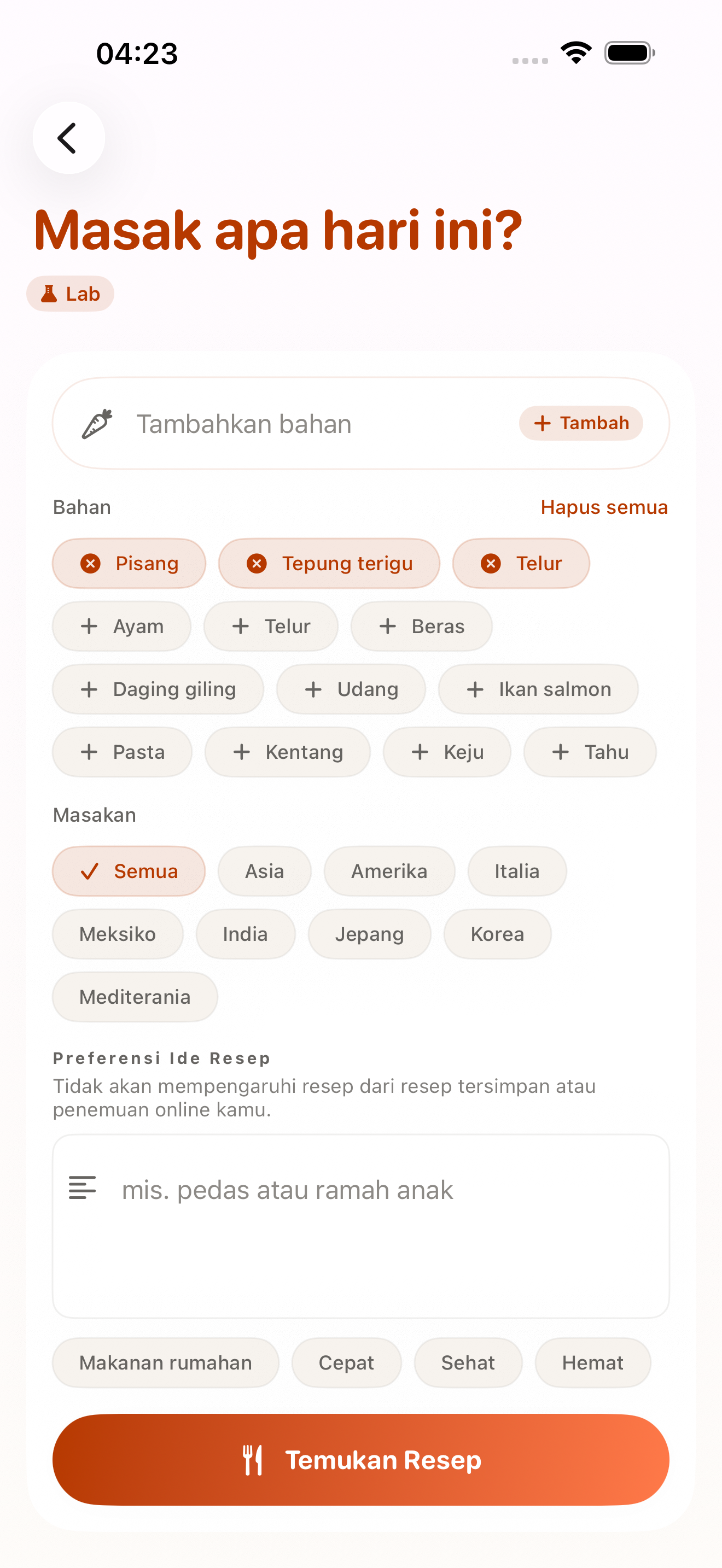 Tampilan pemilihan bahan berbahasa Indonesia untuk ide masak CookClip