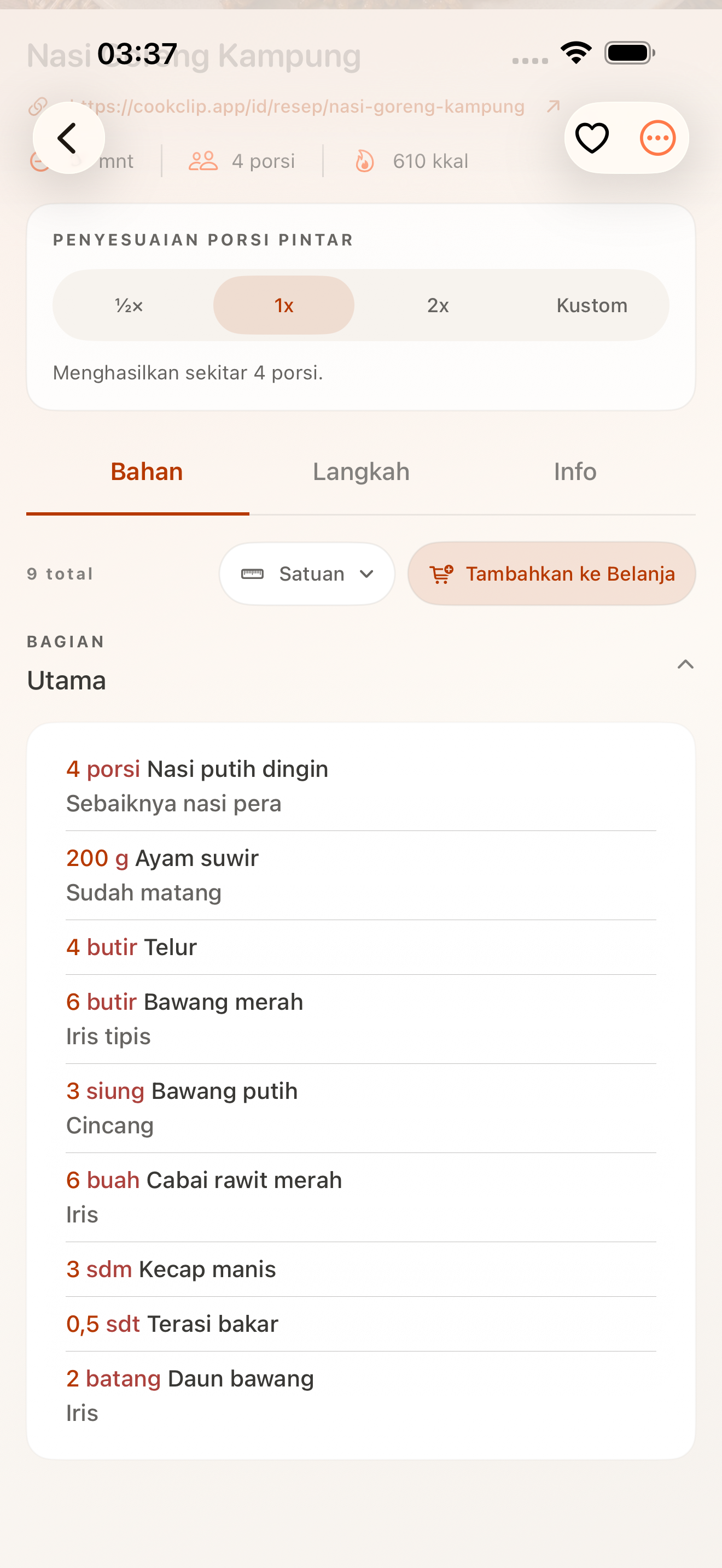 Tampilan bahan resep CookClip