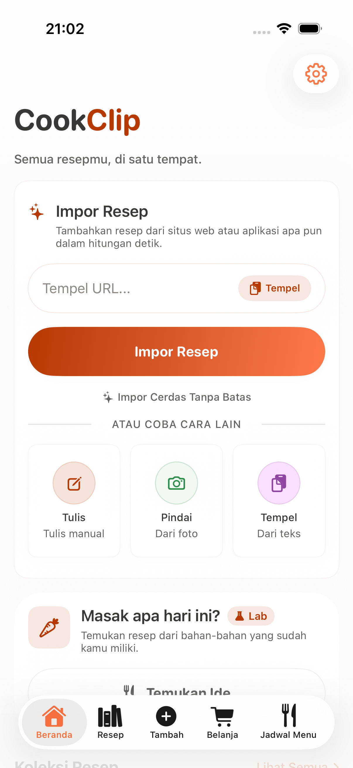 Tampilan CookClip dengan resep yang rapi dan mudah dicari