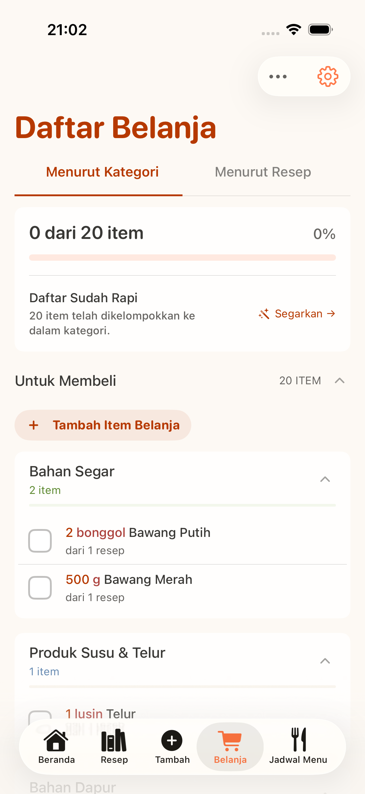 CookClip grocery list grouped by shopping category
