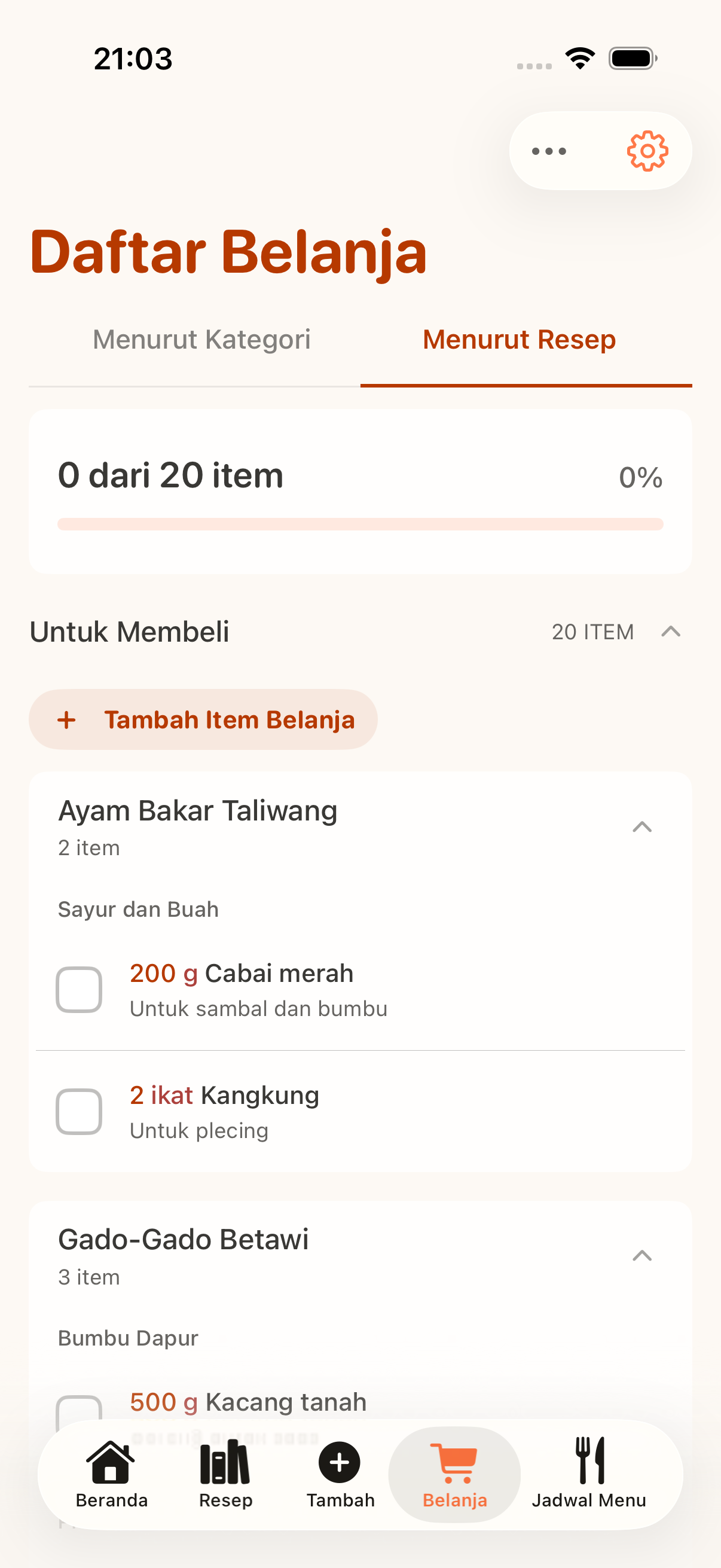 CookClip grocery list grouped by saved recipe
