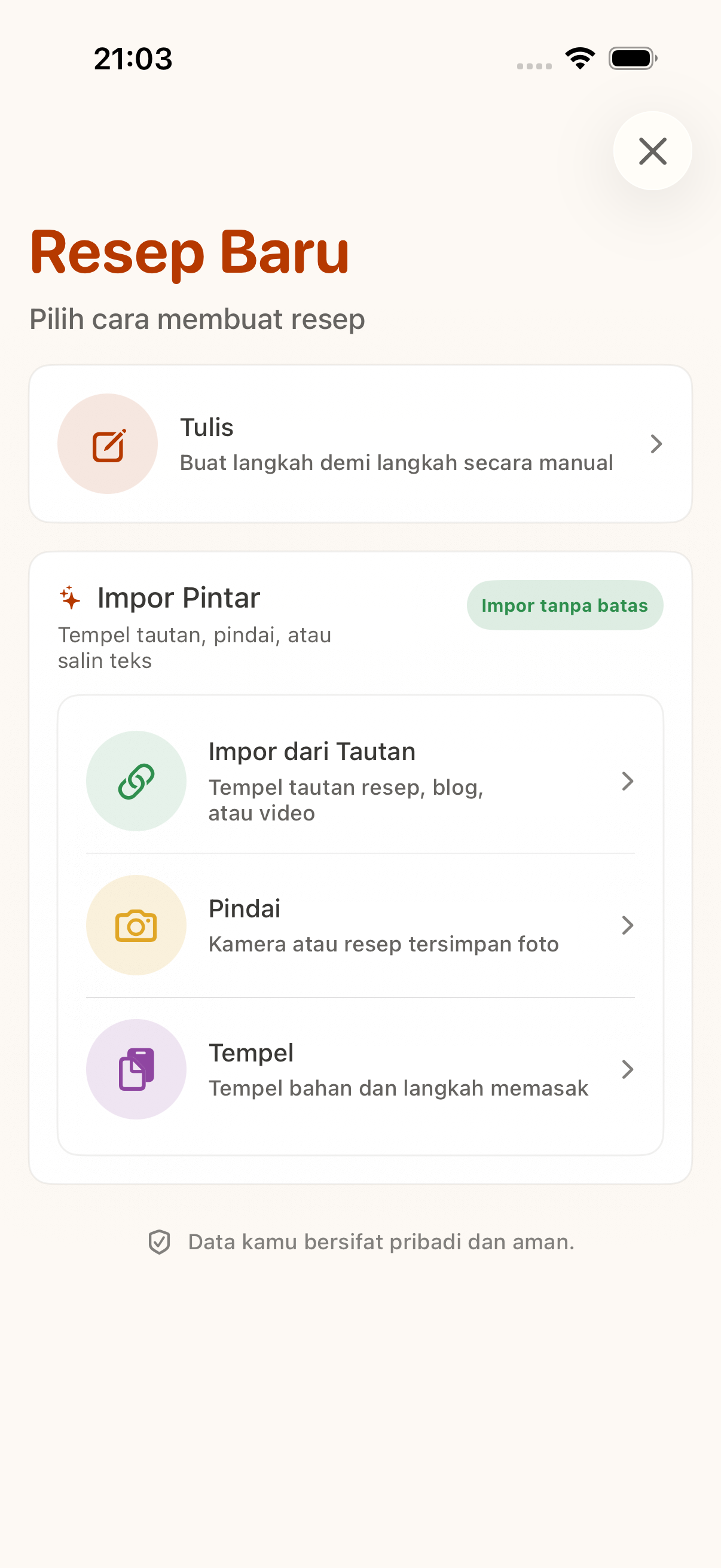 Pilihan impor resep di CookClip