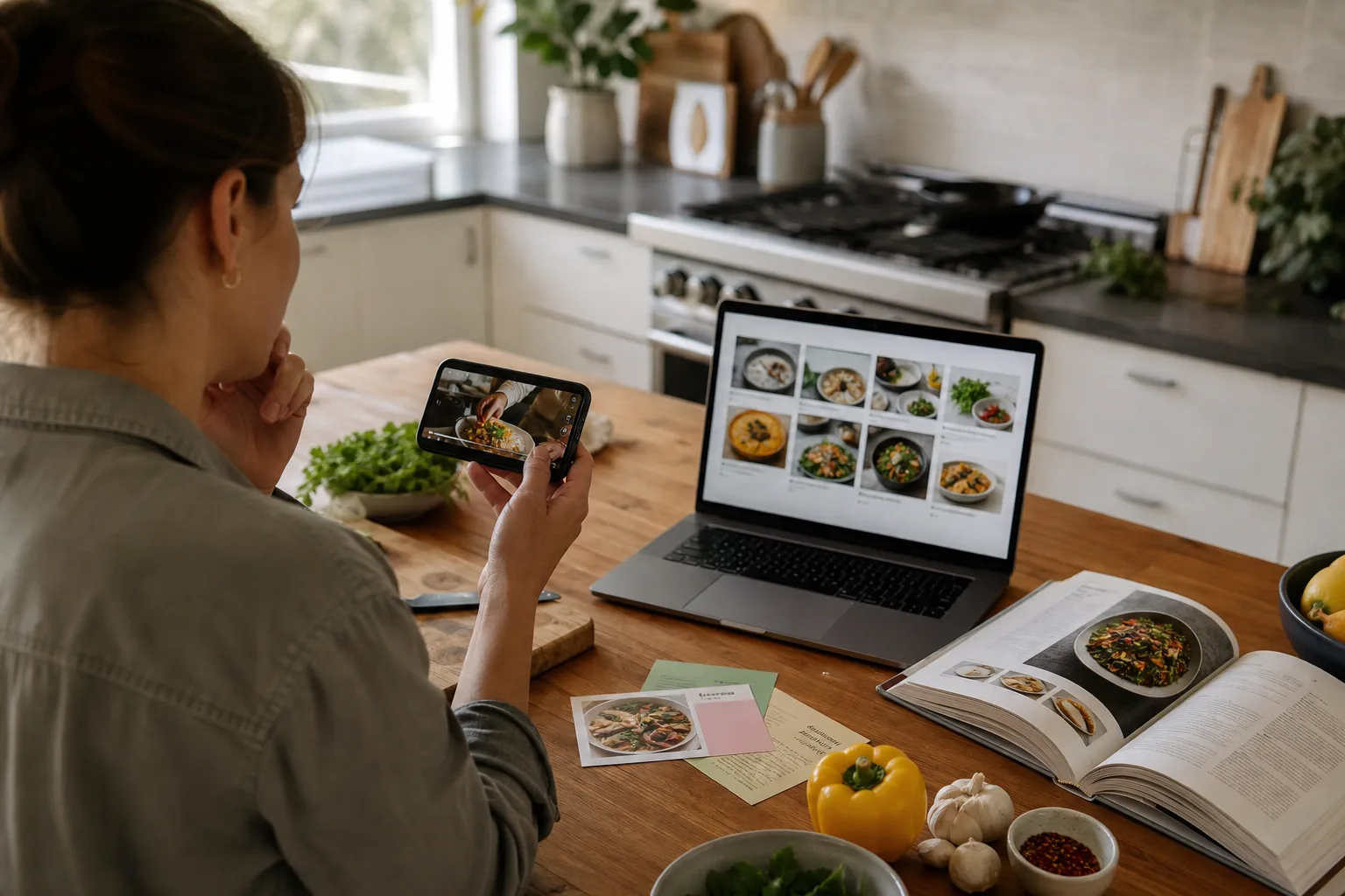 Orang membandingkan alur resep berbasis ponsel dengan pustaka resep desktop